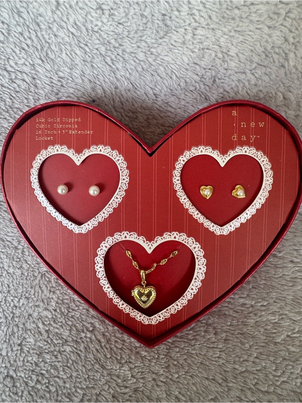 A New Day 14K Gold Dipped CZ Heart Locket Necklace w/ 2 Pairs of Earrings